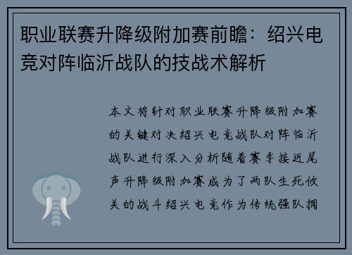职业联赛升降级附加赛前瞻：绍兴电竞对阵临沂战队的技战术解析